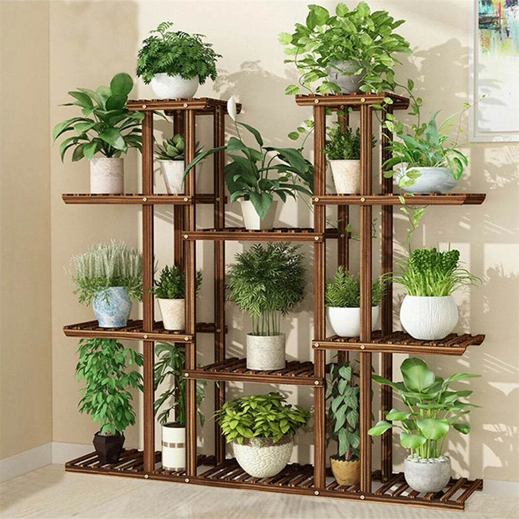 11 Tier Carbonized Wood Plant Stand Display Shelf Indoor Garden