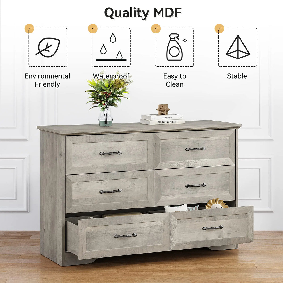 Studyset Six Drawer Wood Dresser for Bedroom and Living Room