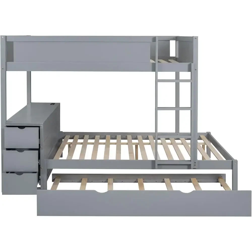 Wood Bunk Bed With Trundle, USB Ports, Storage And Desk