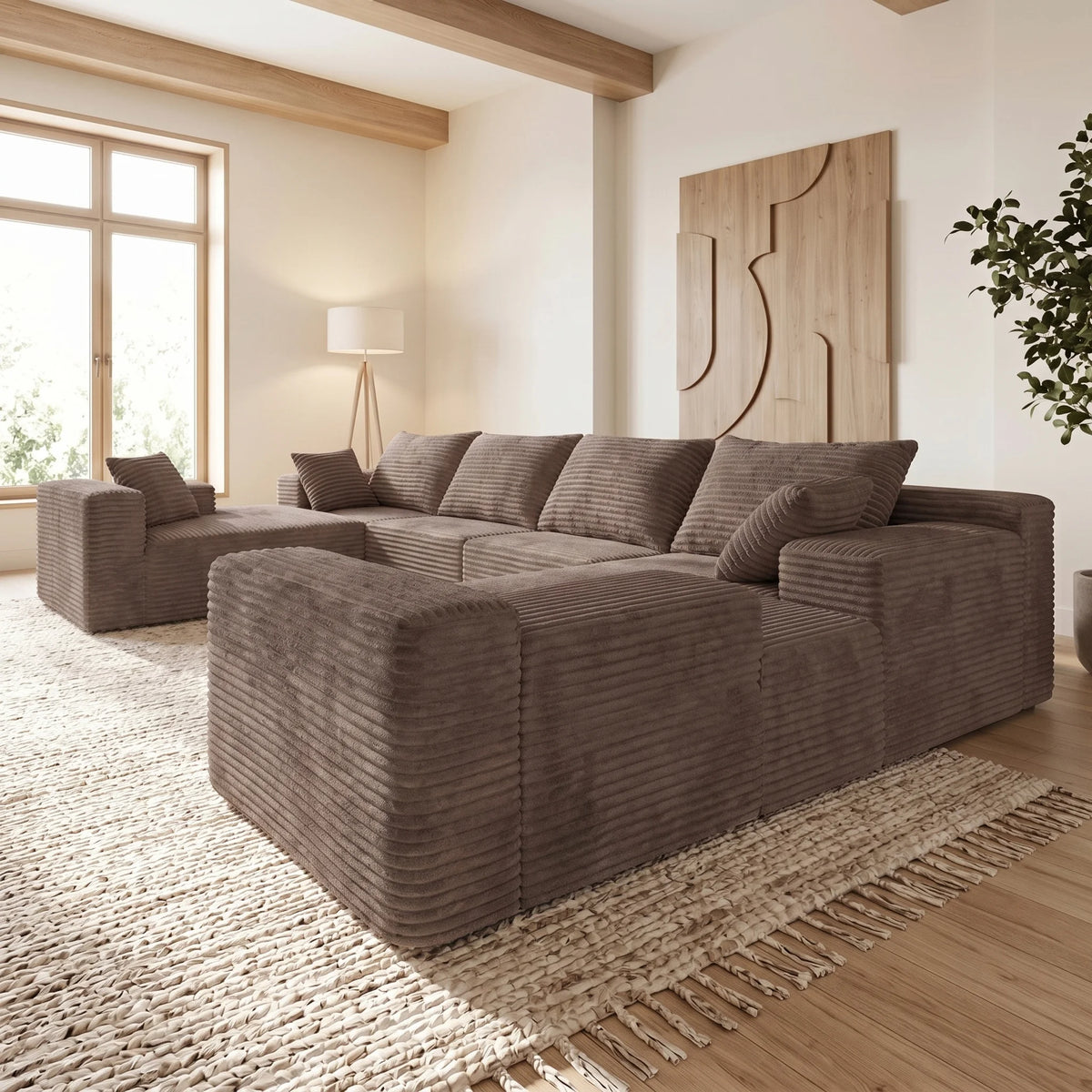 Modern U Shaped Corduroy Sectional Sofa With Deep Cloud Seating