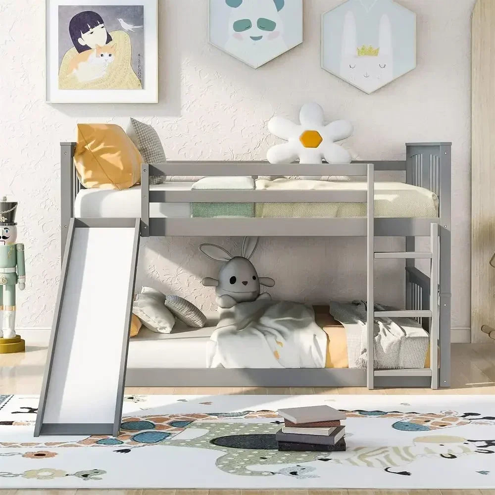 Solid Wood Bunk Bed With Slide And Safety Guard Rails for Kids