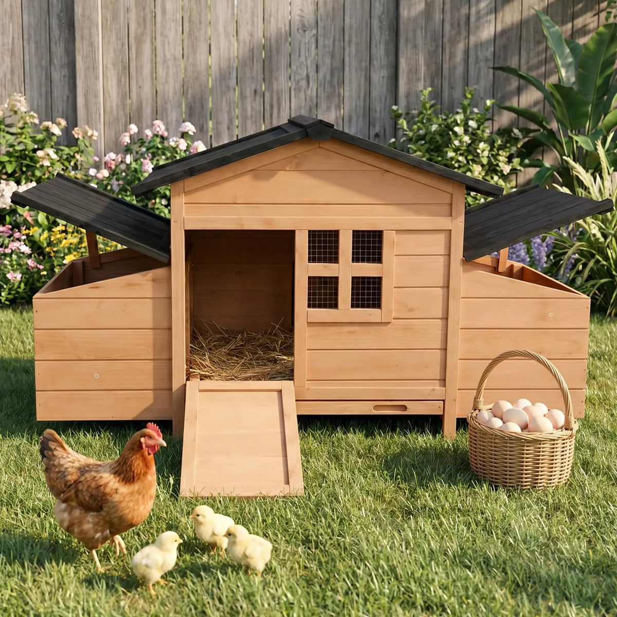 Wooden Chicken Coop With Nesting Boxes, Ramp And Ventilated Window
