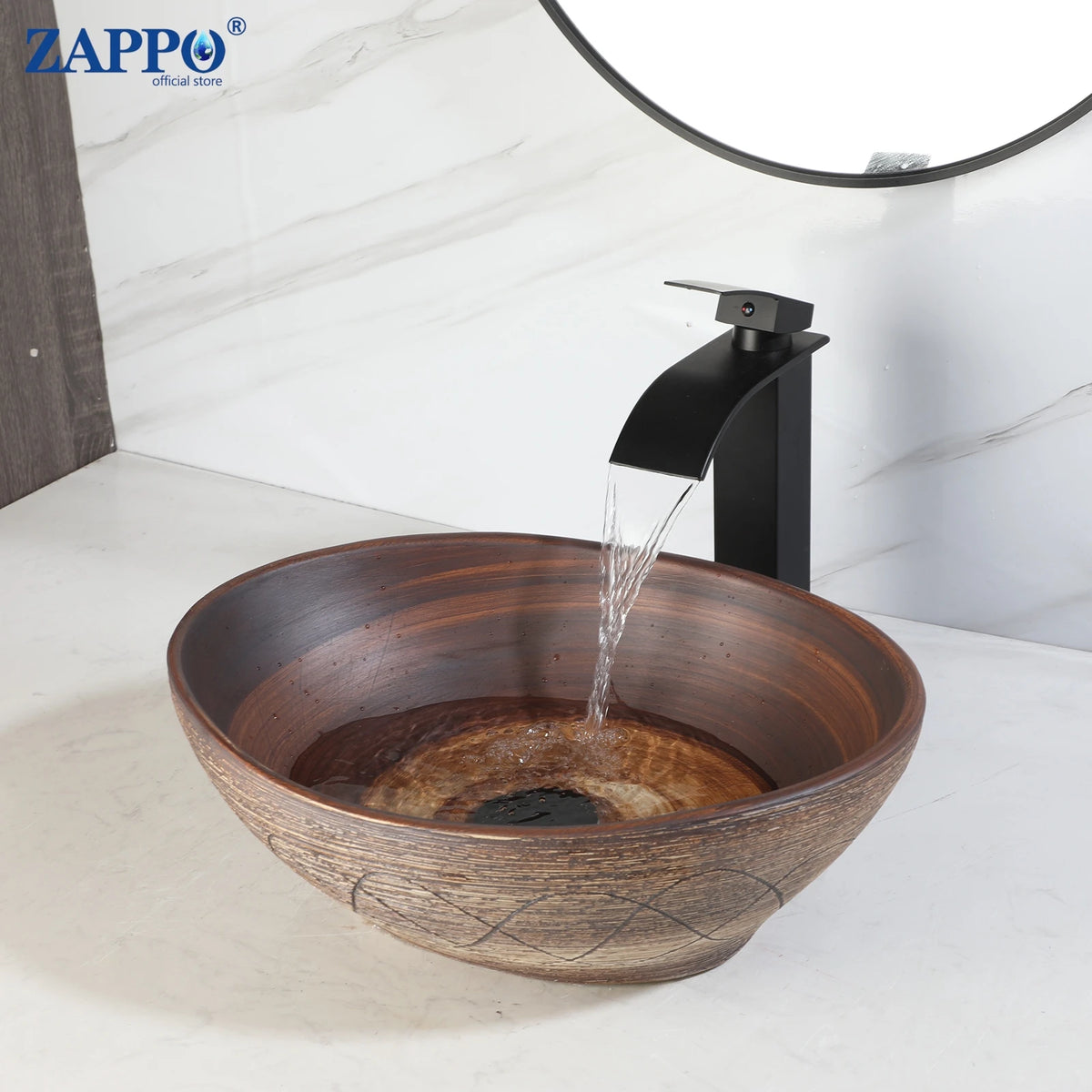 Mekkhala Ceramic Round Vessel Sink With Waterfall Faucet For Bathroom