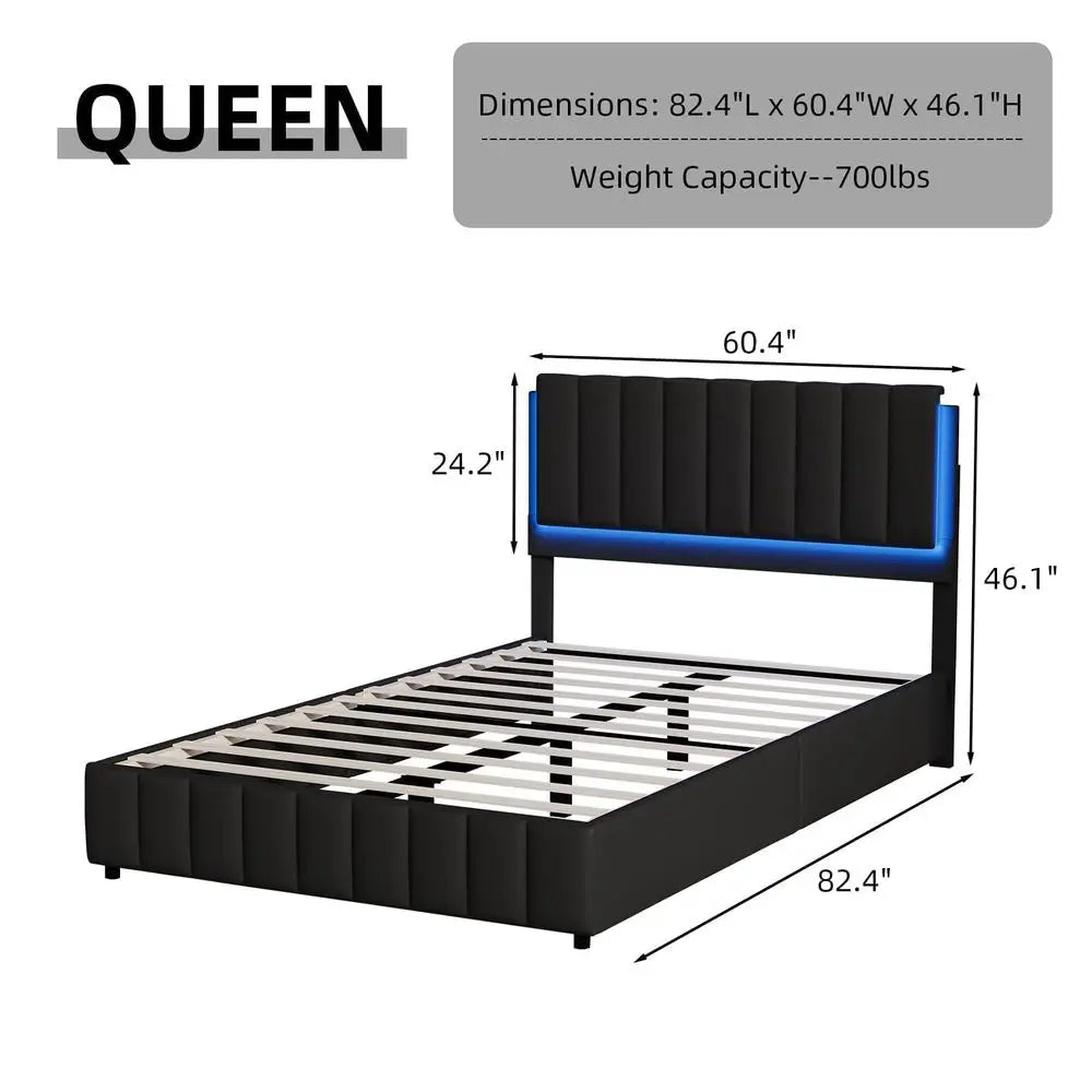 Modern Upholstered Platform Bed Frame With Headboard And LED Lights