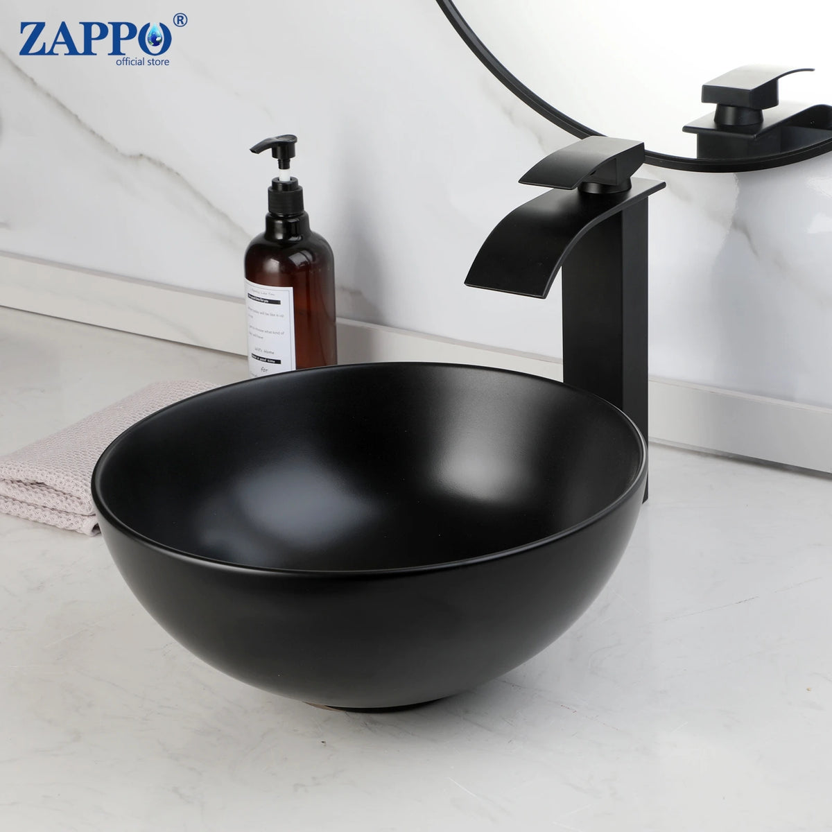 Mekkhala Ceramic Round Vessel Sink With Waterfall Faucet For Bathroom