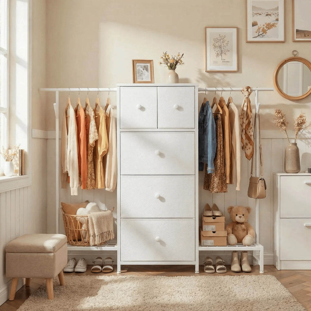 EnHomee Three In One Dresser Hanging Rack With Shoe Storage
