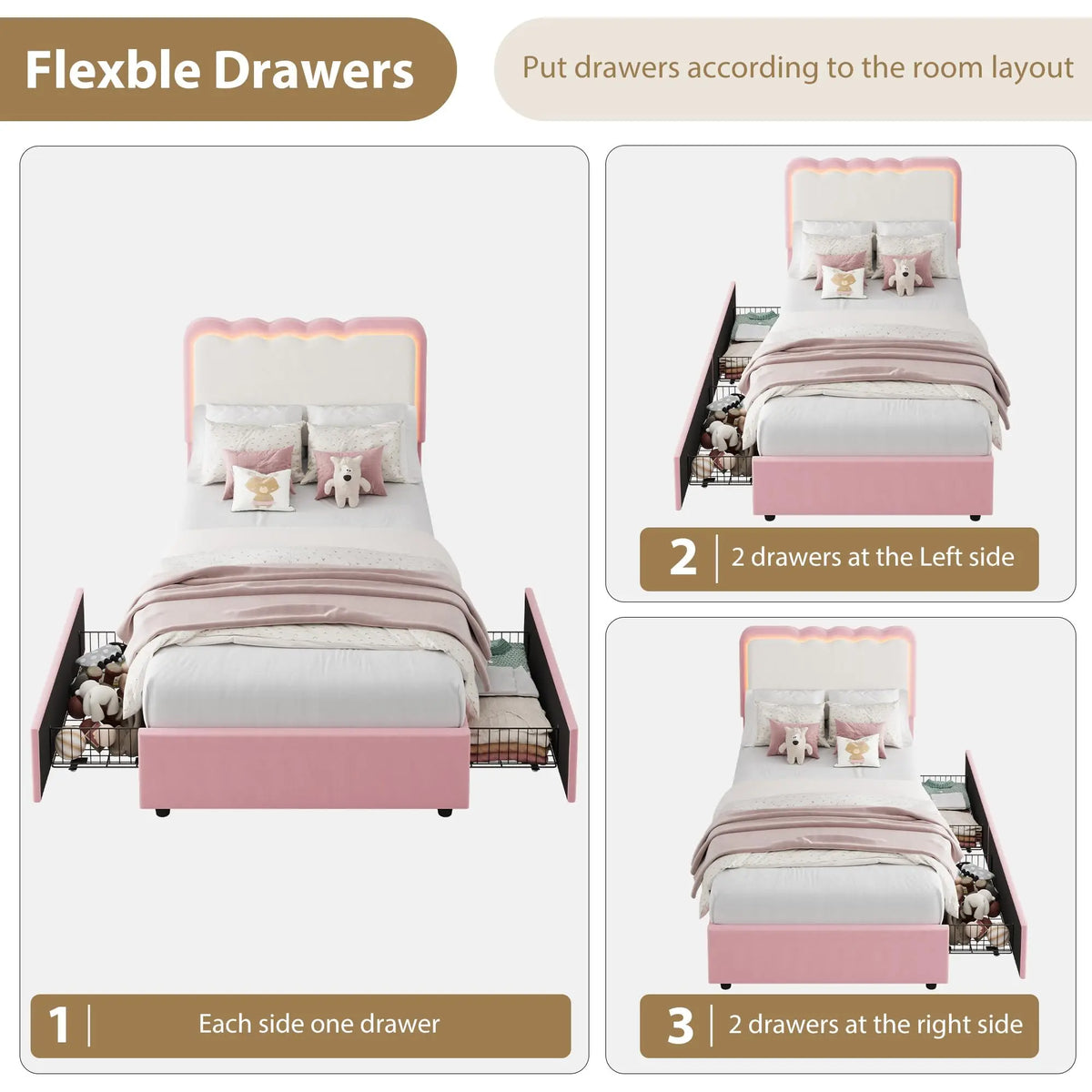 GarveeLife LED Platform Bed Frame With Upholstered Headboard And Drawers