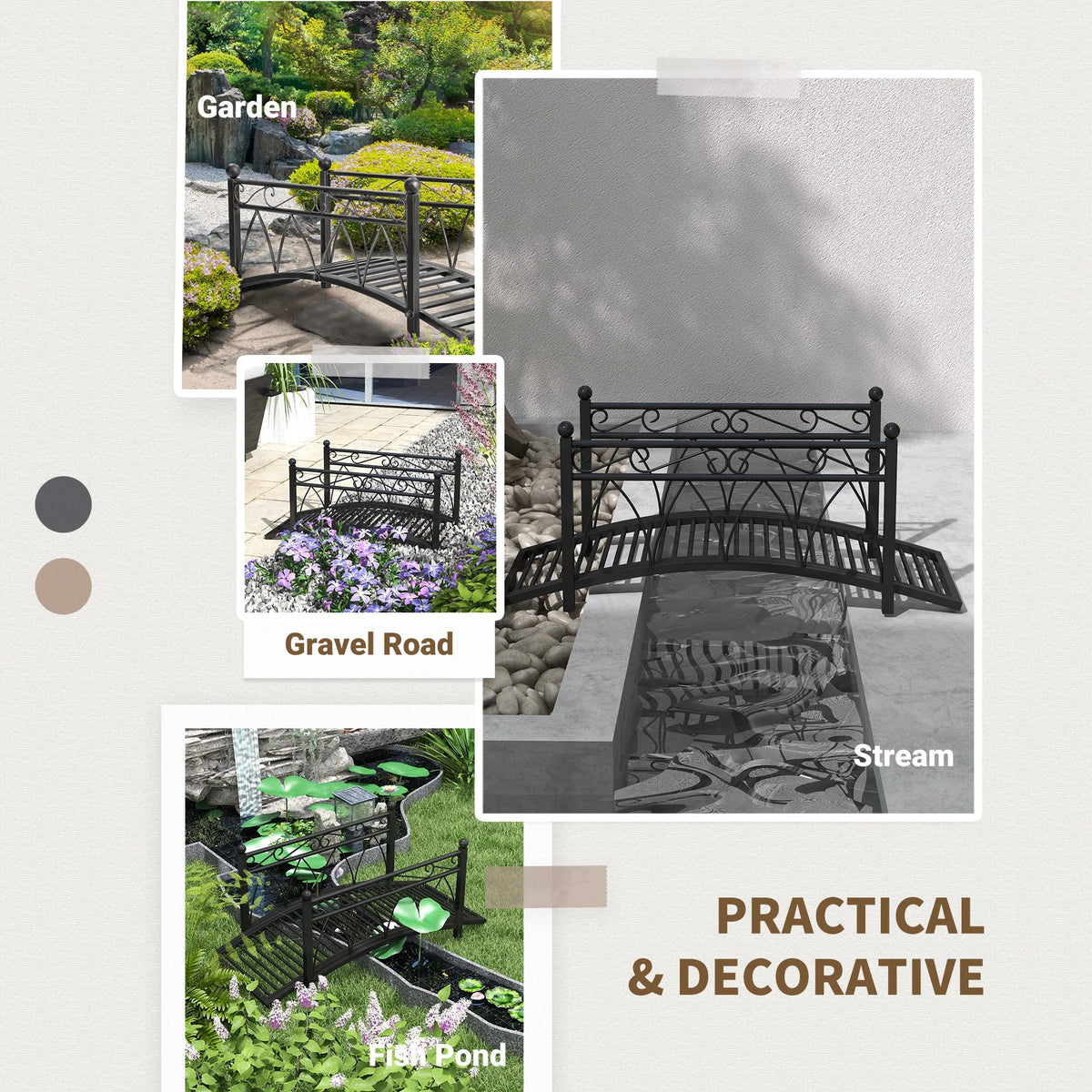 Antique Metal Garden Bridge With Safety Railings For Backyard Pond