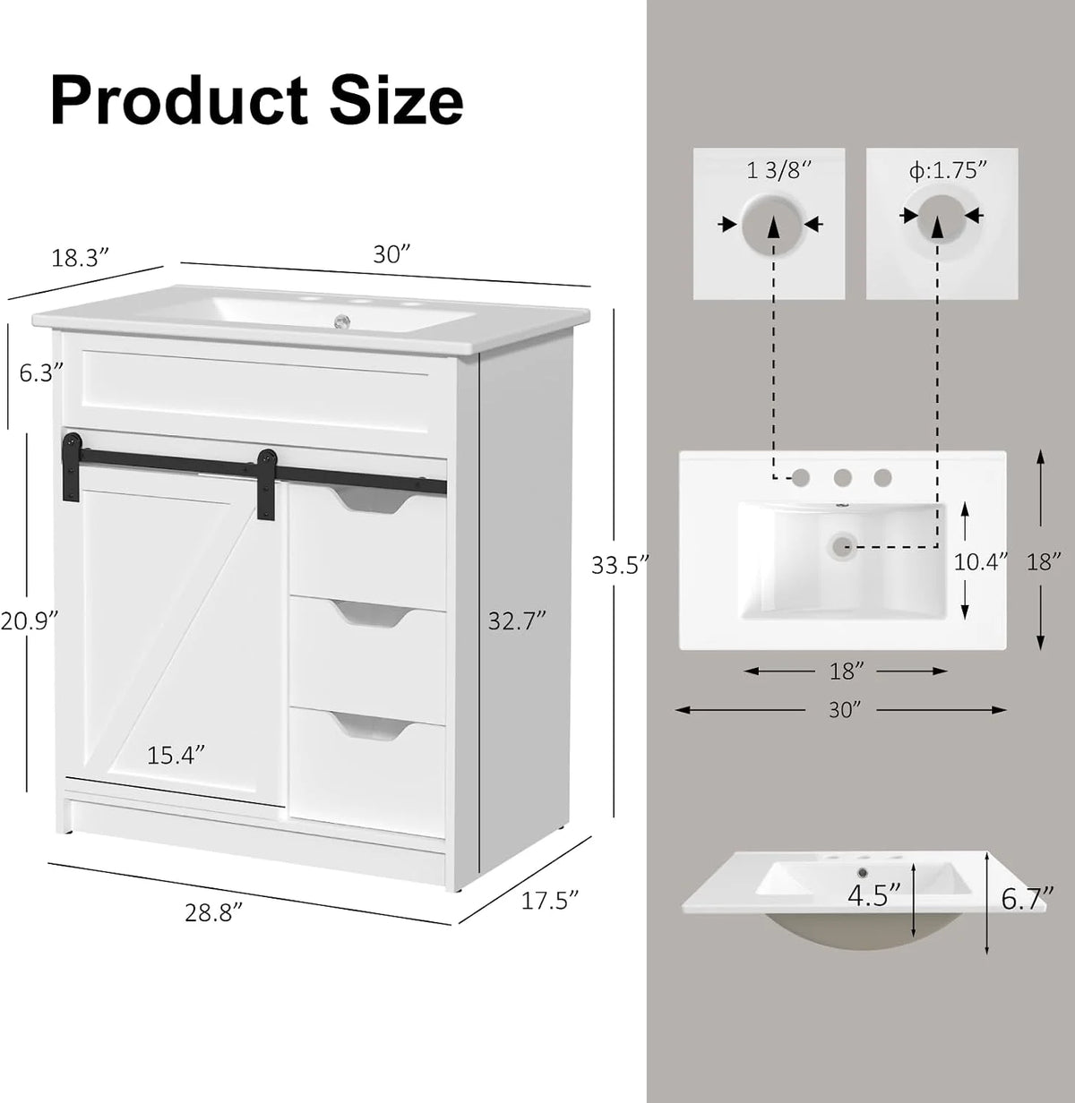 EVOKEDEN Farmhouse Bathroom Vanity With Sink Barn Door And Drawers