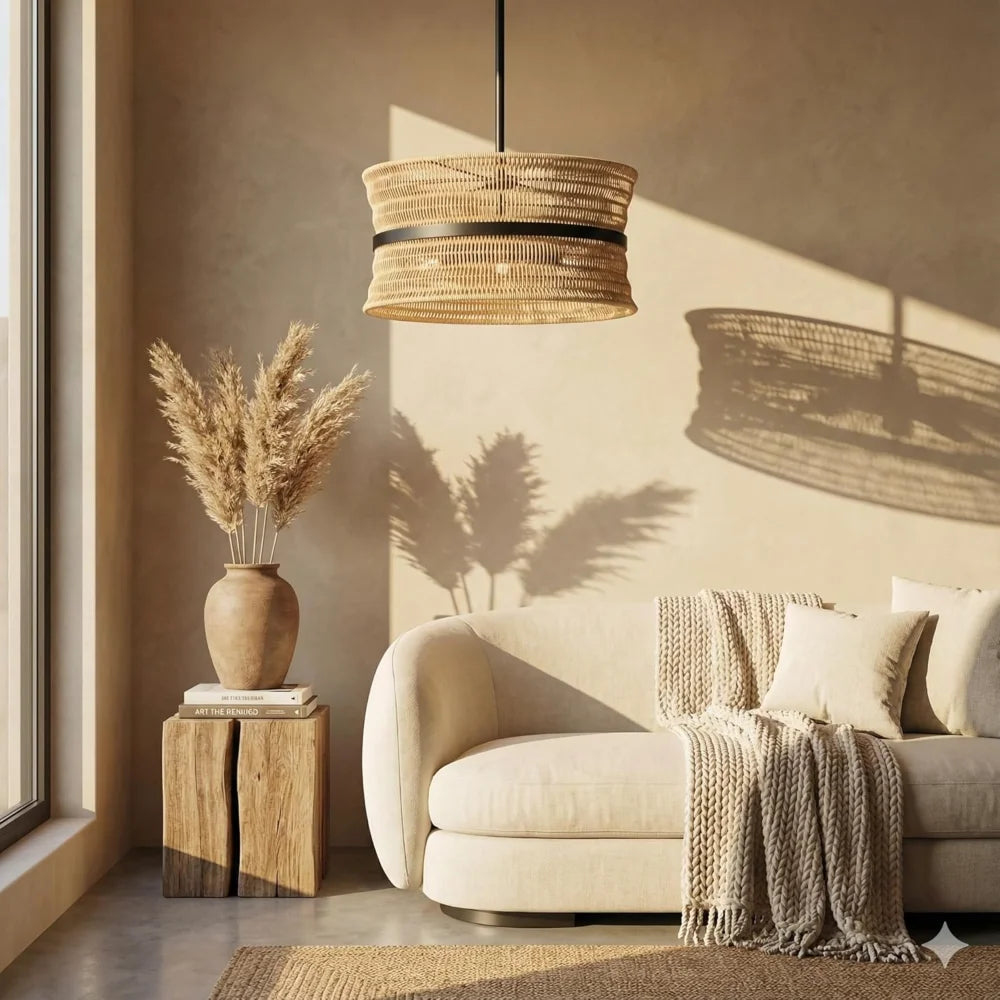 Handwoven Rattan Wicker Chandelier For Coastal Ceiling Pendant Lighting