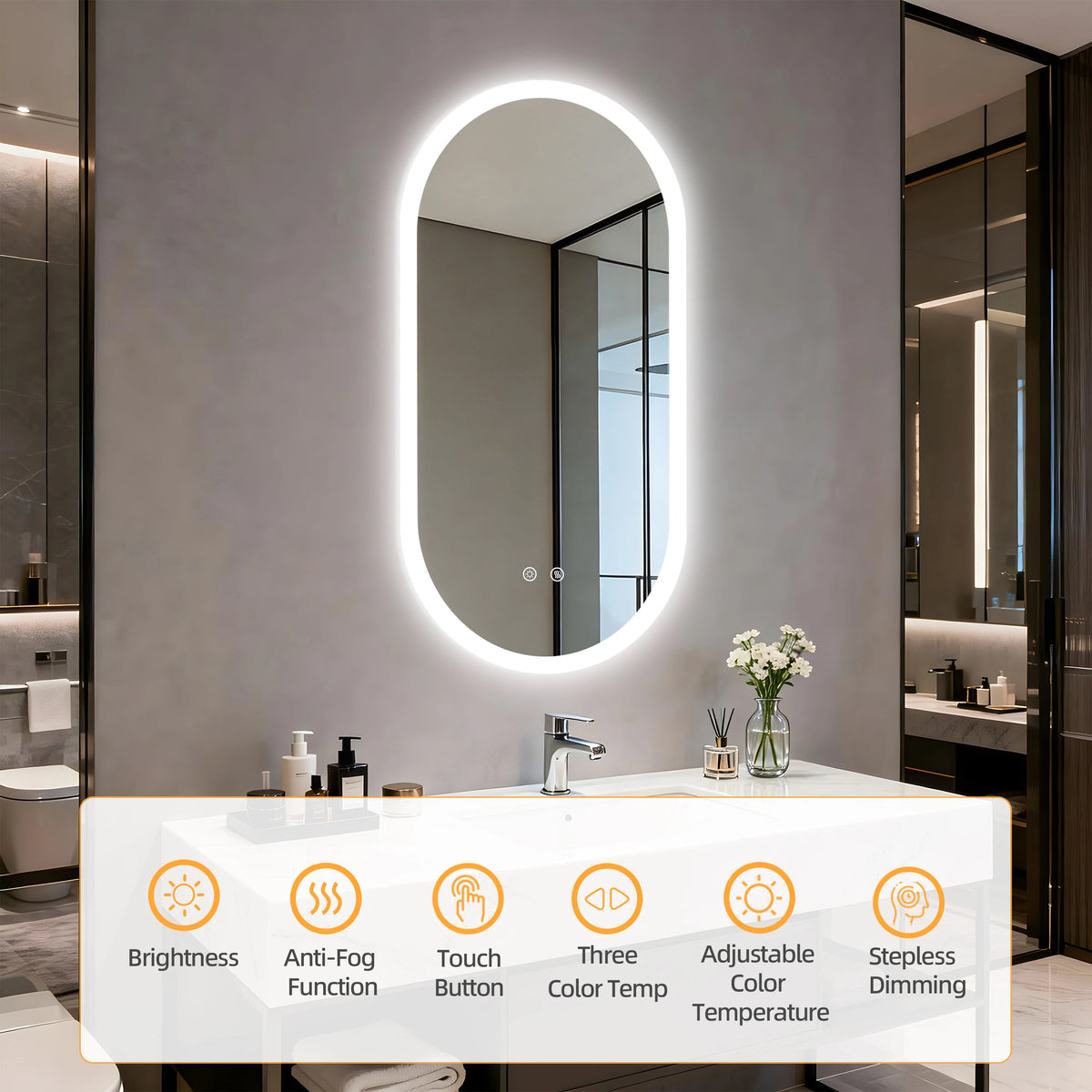 BORWART Smart LED Bathroom Mirror With Anti Fog Dimmable Lighting