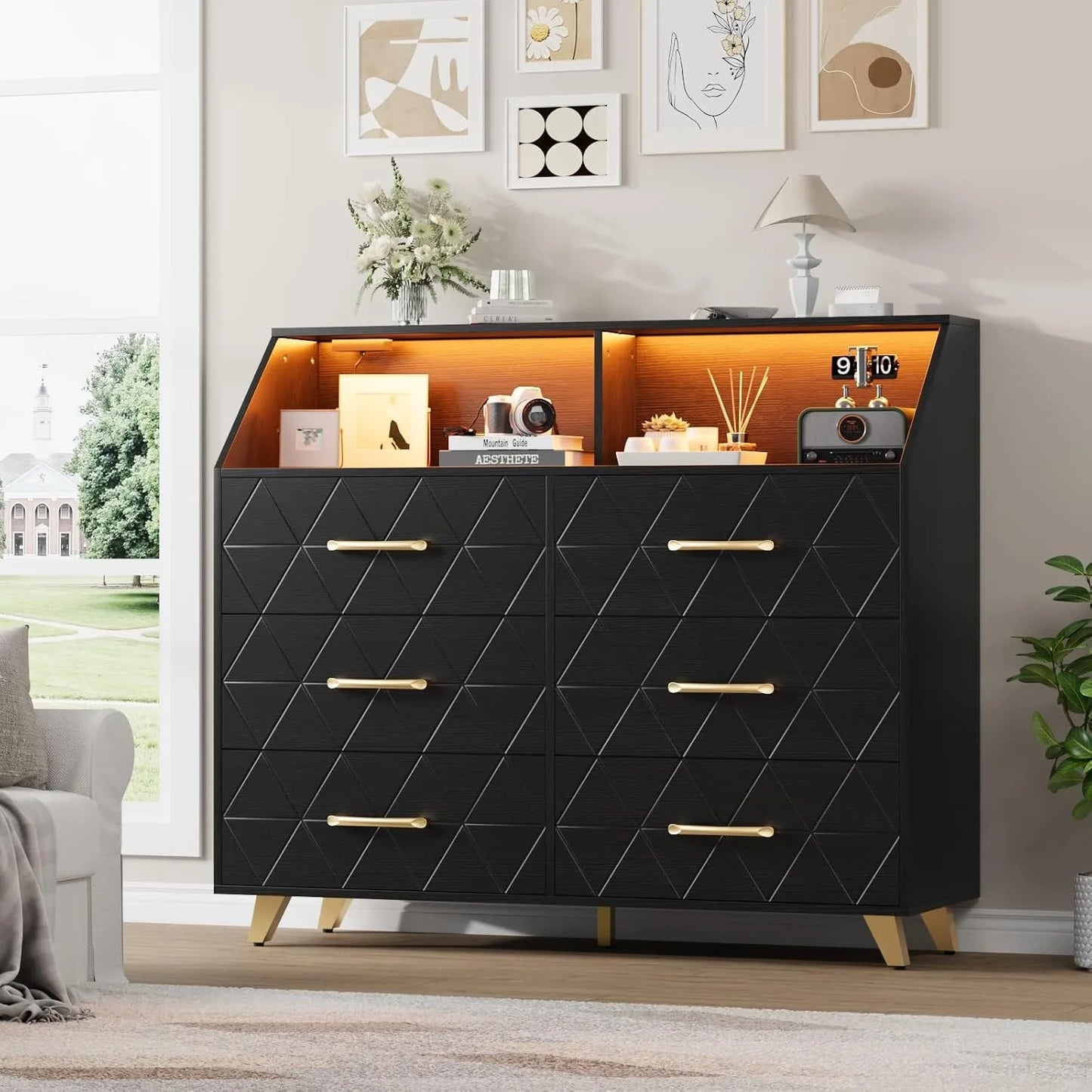 Modern Six Drawer Dresser With LED Lights And Charging Station