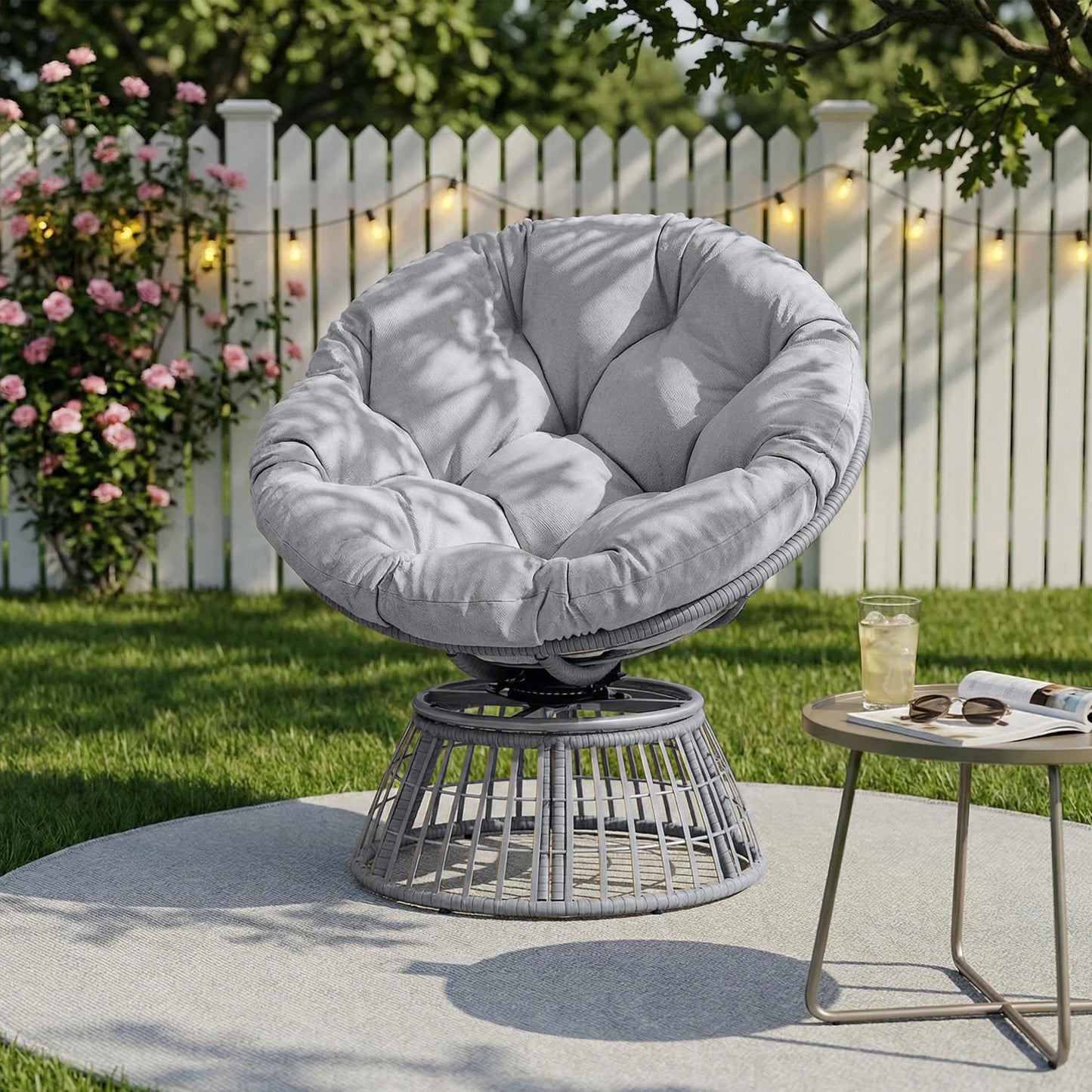 Swivel Outdoor Rattan Papasan Lounge Chair With Thick Cushion