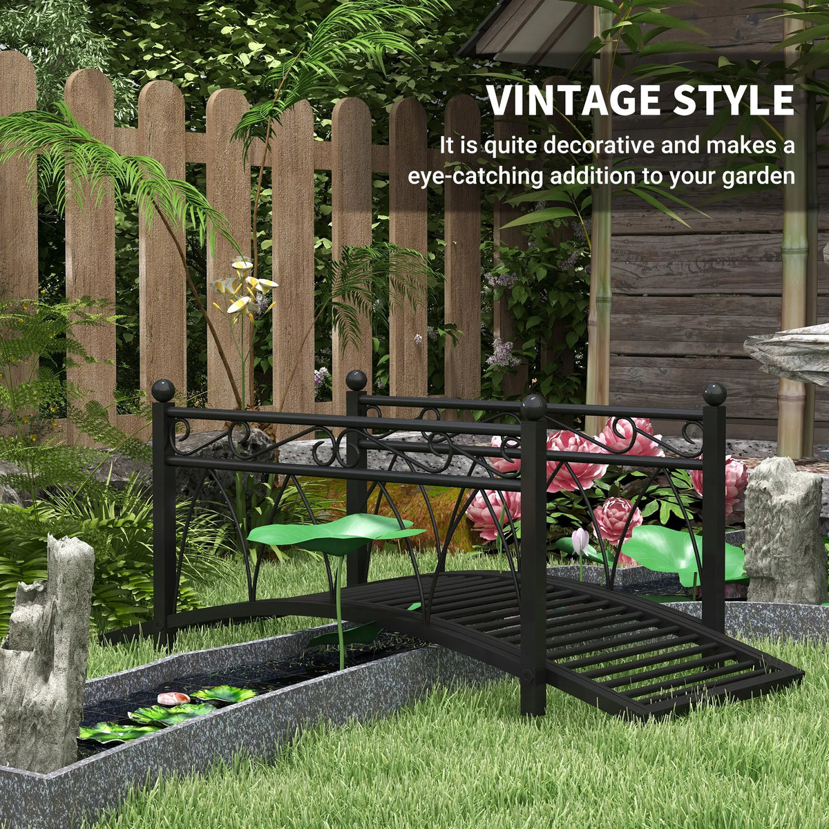 Antique Metal Garden Bridge With Safety Railings For Backyard Pond