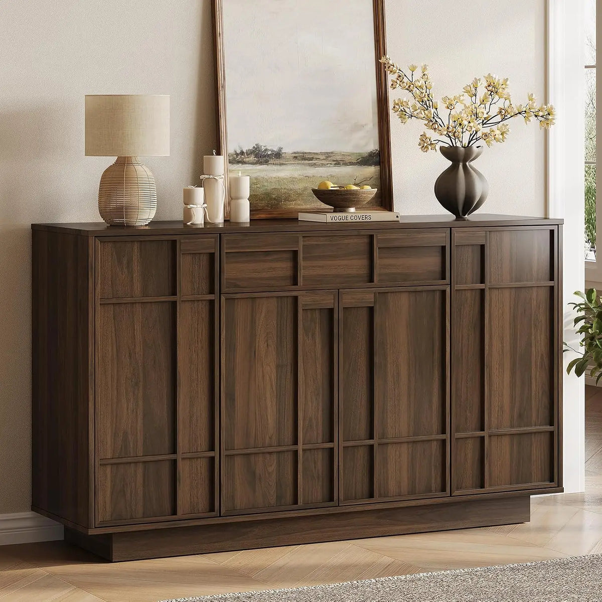 ONBRILL Mid Century Modern Sideboard Buffet Storage Cabinet with Built In Lights