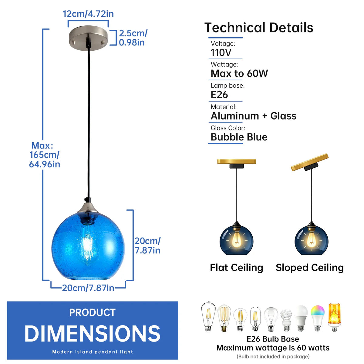 ARLGSITE Modern Bubble Glass Pendant Light With Adjustable Hanging Cord