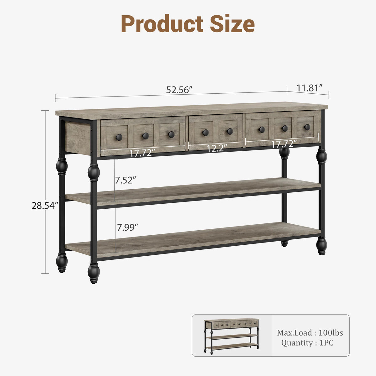 HiMISS Industrial Console Table With Drawers And Three Tier Shelves