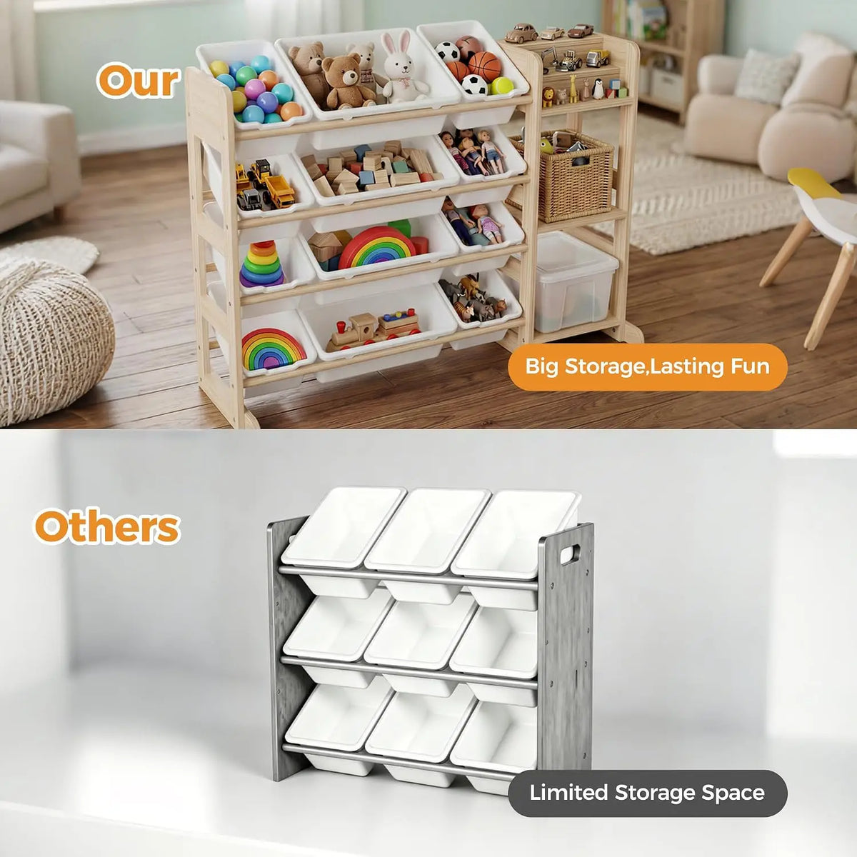 Tacleekii Toy Storage Shelf Featuring Plastic Bins And Wood Units