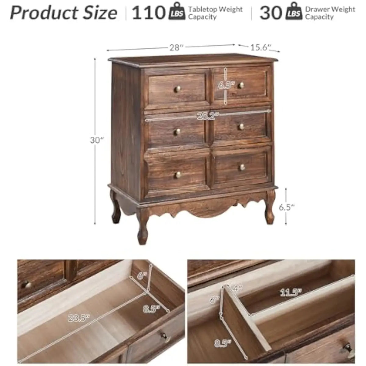 Solid Wood Nightstand With USB Hub Three Drawers Rustic Farmhouse