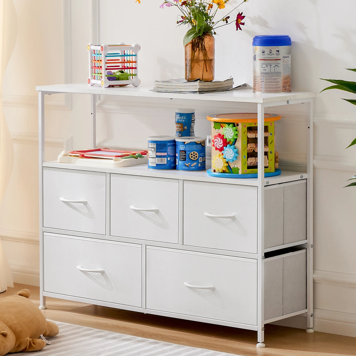 MCQ TV Stand With Fabric Drawers And Open Media Shelf