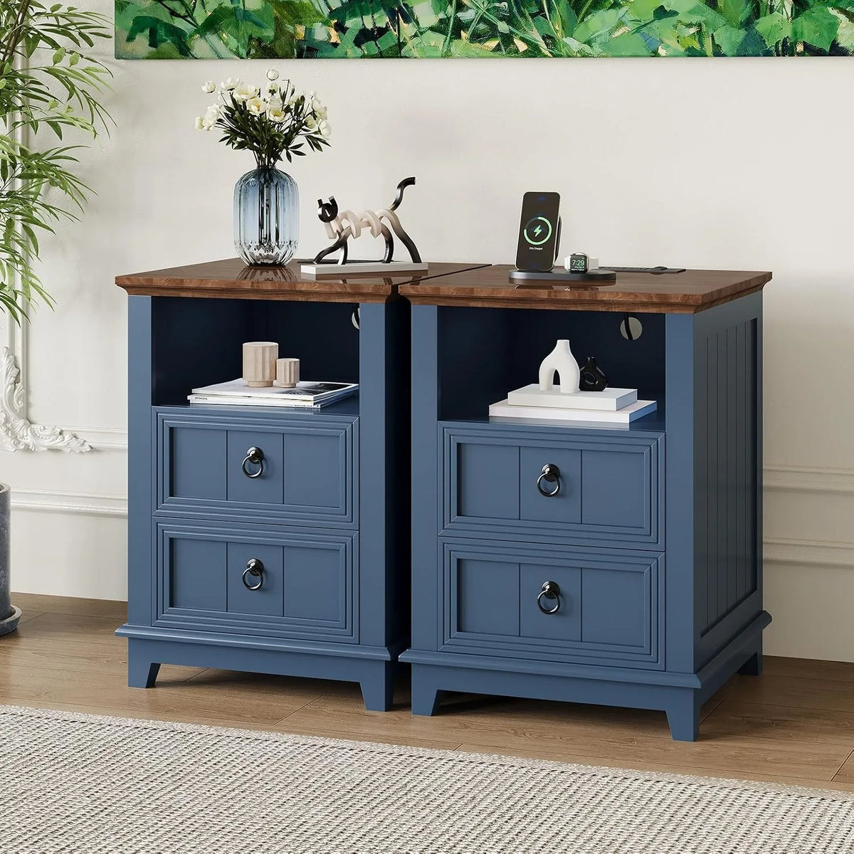 Modern Fluted Wood Nightstand With Usb Charger And Storage