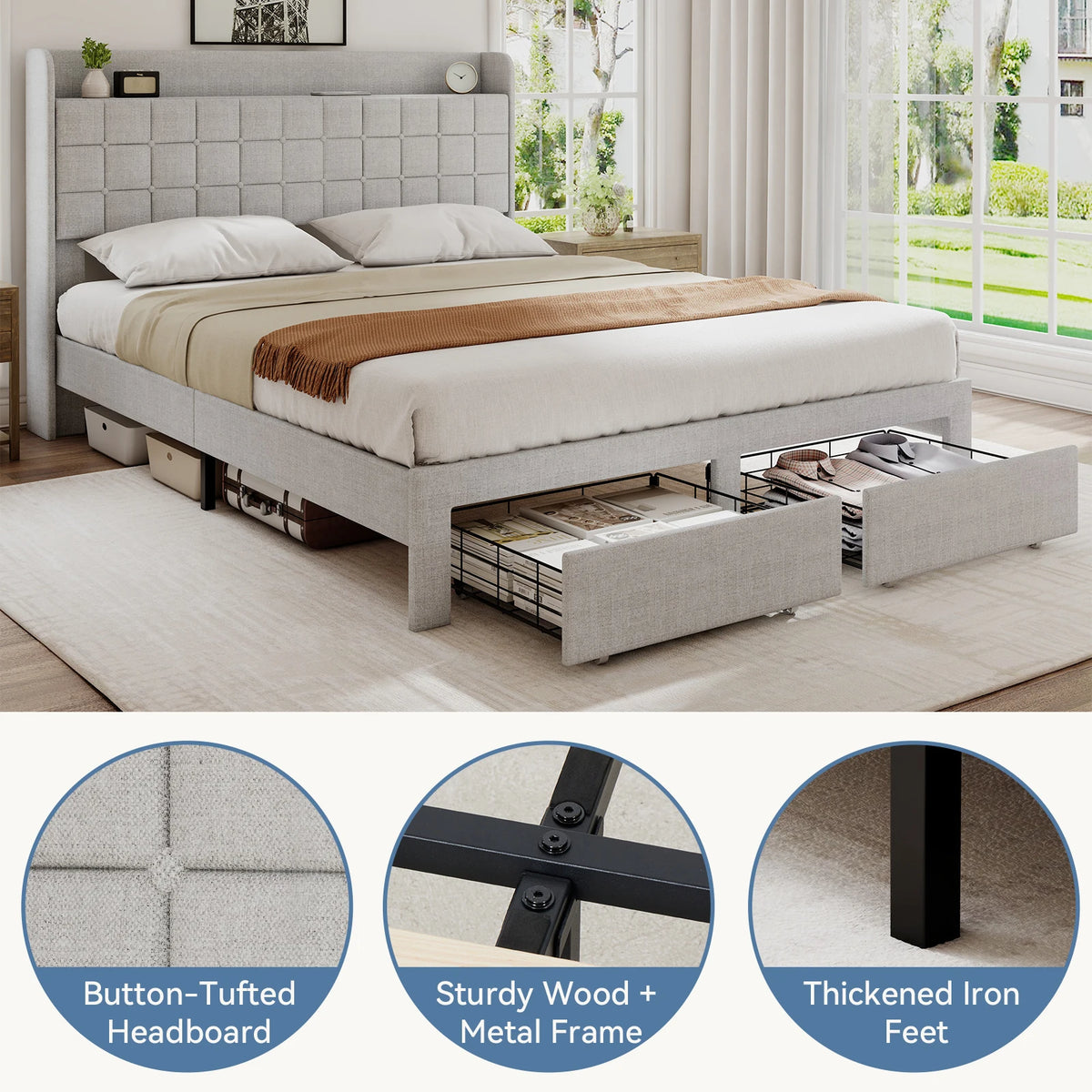 MCQ Upholstered Platform Bed Frame with Headboard and Storage Drawers
