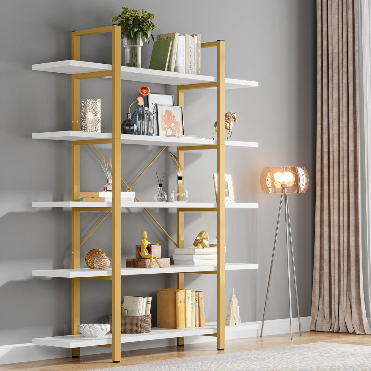 Tribesigns Five Tier Industrial Style Wooden Bookshelf Bookcase