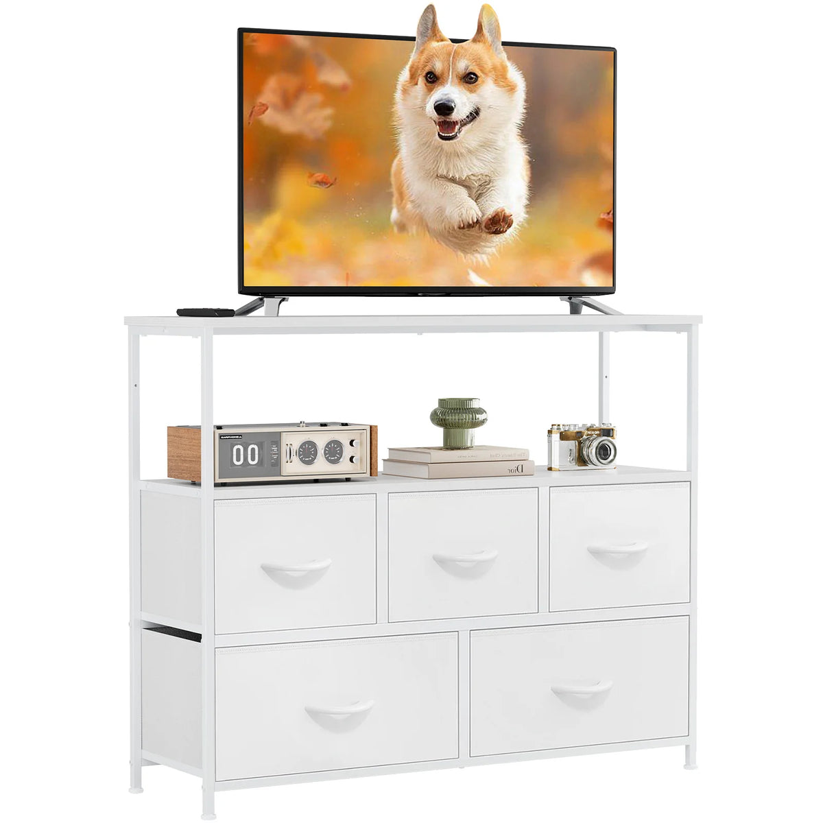 MCQ TV Stand With Fabric Drawers And Open Media Shelf