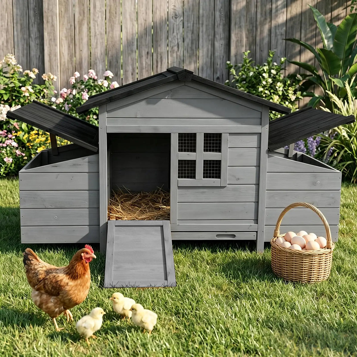 Wooden Chicken Coop With Nesting Boxes, Ramp And Ventilated Window