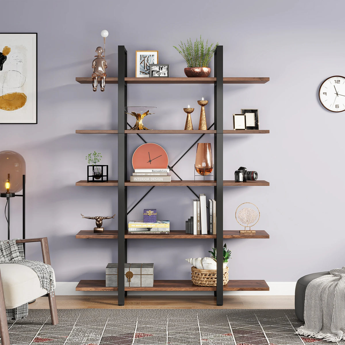 Tribesigns Five Tier Industrial Style Wooden Bookshelf Bookcase