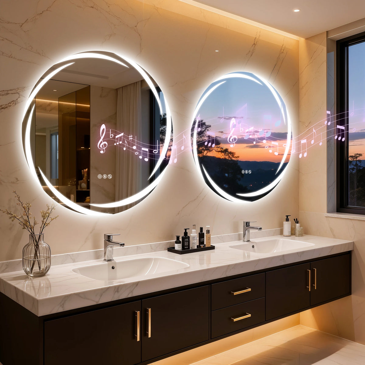 Round Led Bathroom Mirror With Bluetooth Speaker And Defog