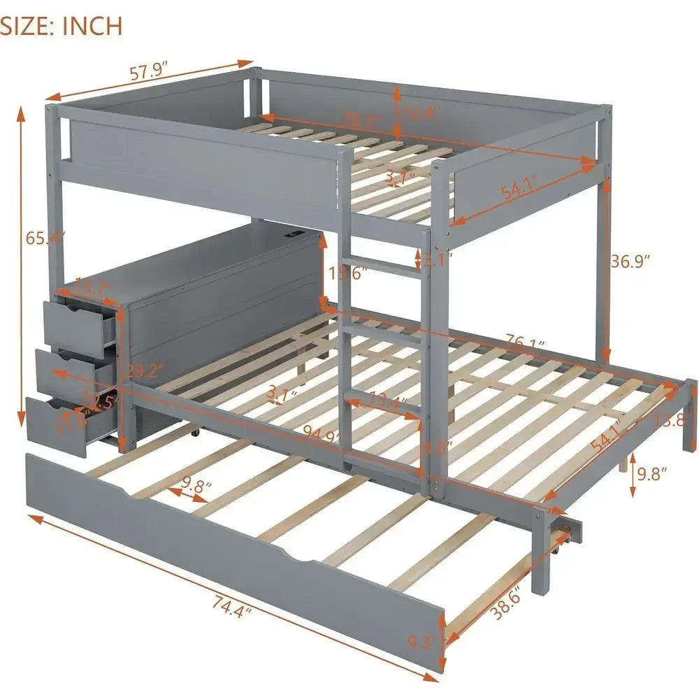 Wood Bunk Bed With Trundle, USB Ports, Storage And Desk
