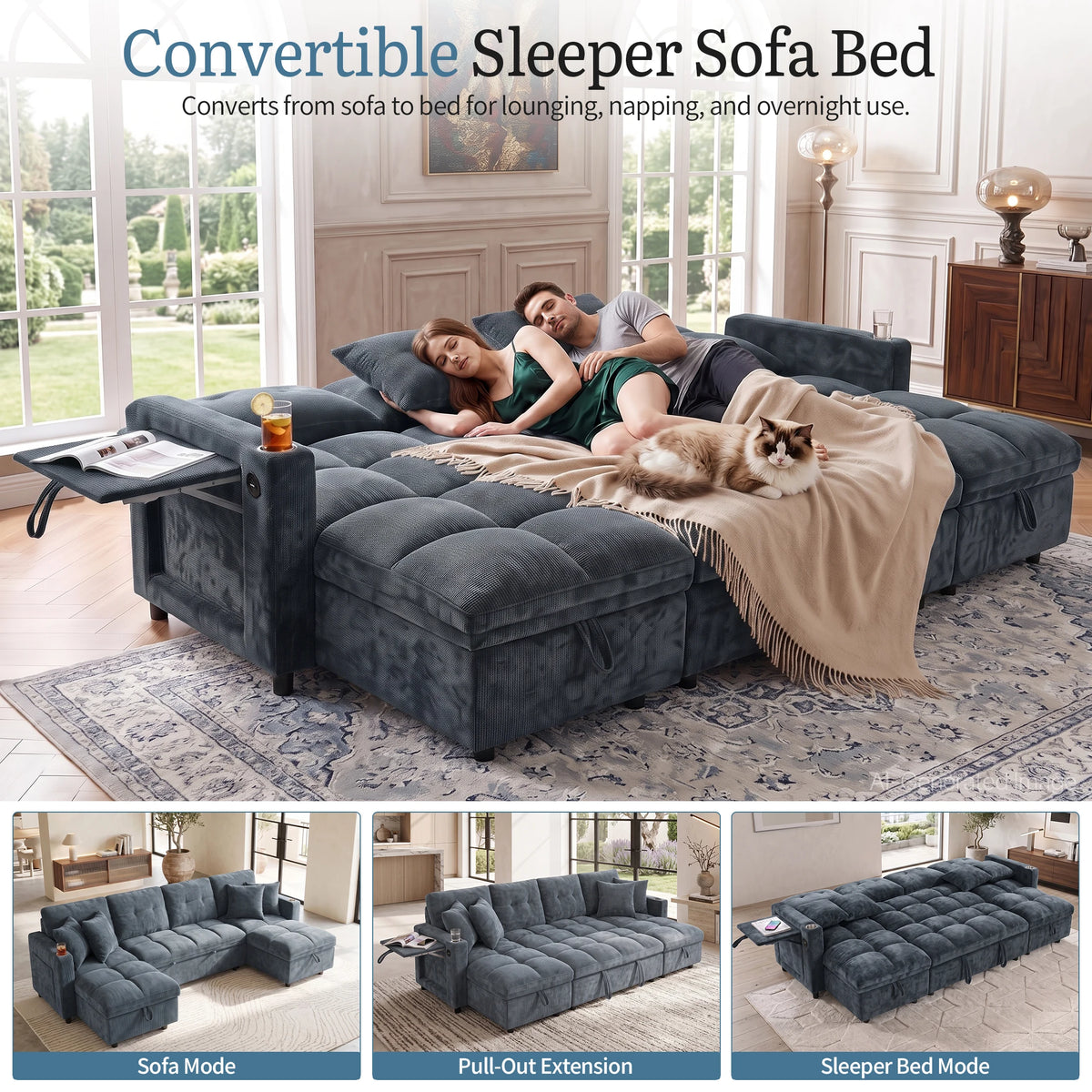 Convertible U Shaped Sleeper Sofa With Storage And Charging Station