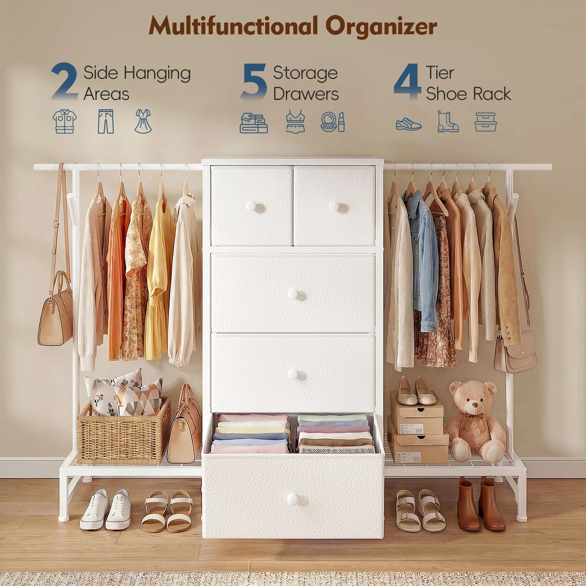 EnHomee Three In One Dresser Hanging Rack With Shoe Storage
