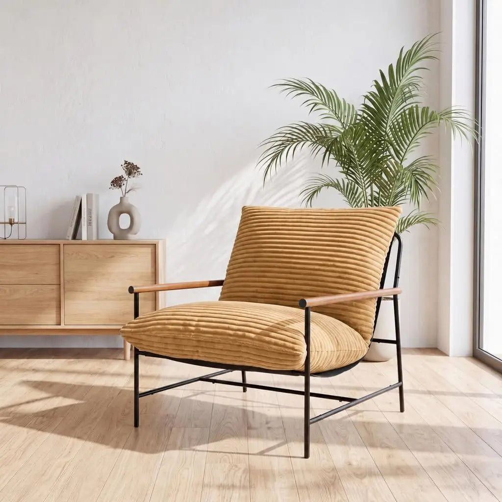 HiMISS Corduroy Lounge Chair With Wood Arms And Metal Frame
