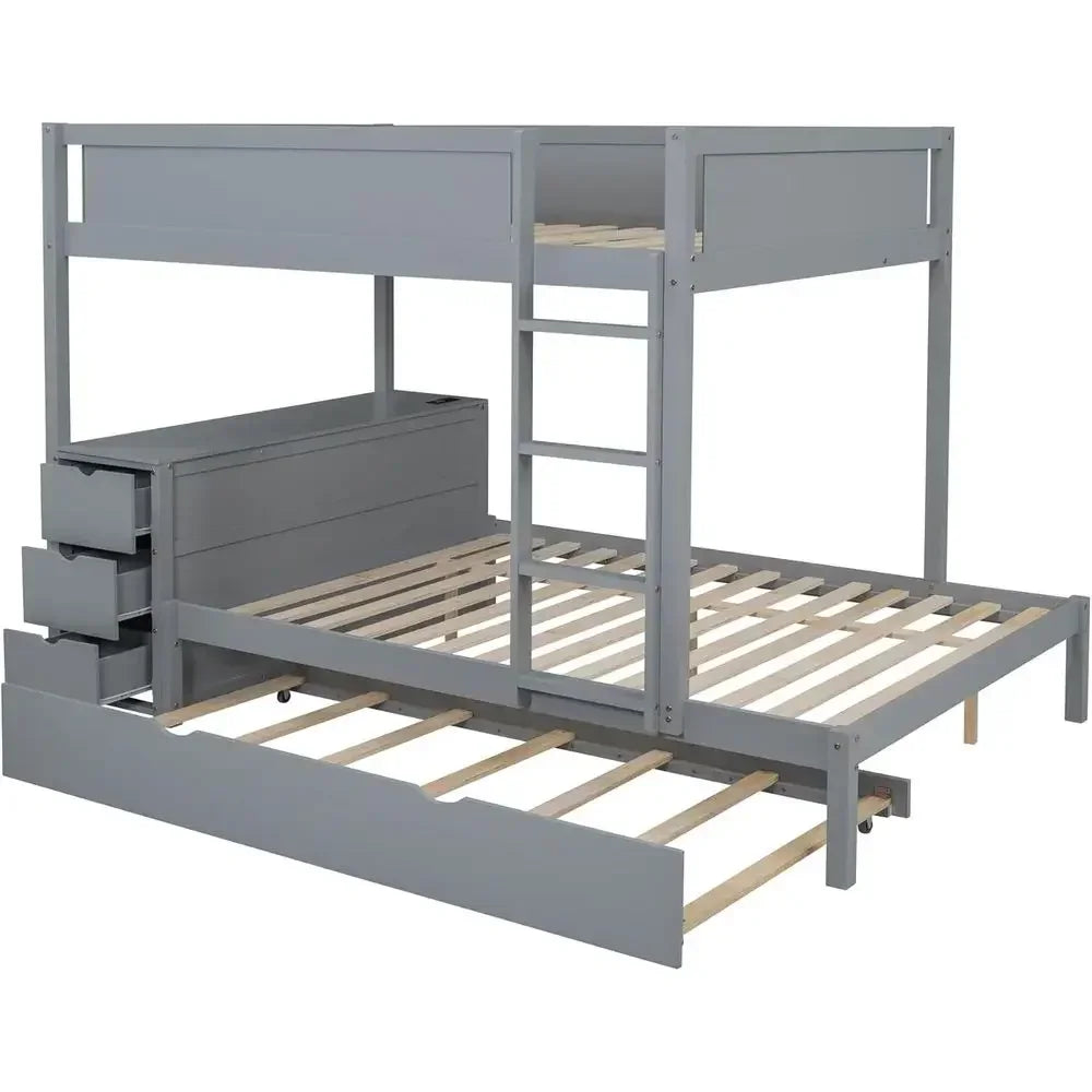 Wood Bunk Bed With Trundle, USB Ports, Storage And Desk