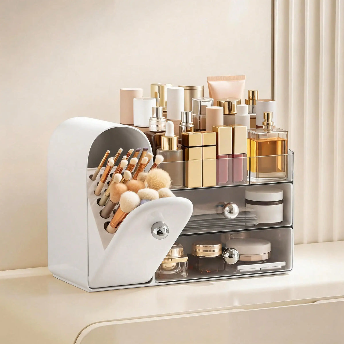 Makeup Organizer With Drawers And Brush Holder For Vanity Counter