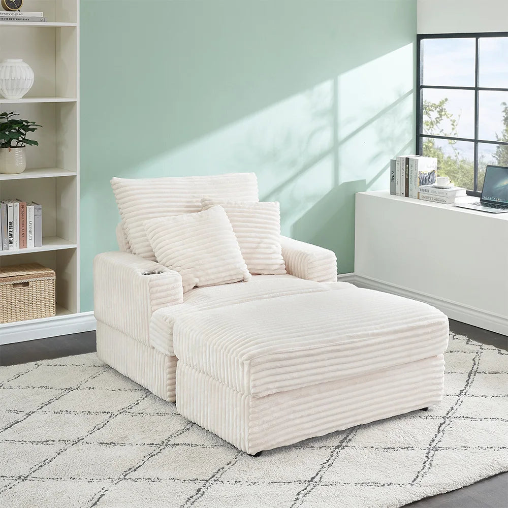 Modern Corduroy Single Sofa Chair With Footrests And Cup Holder