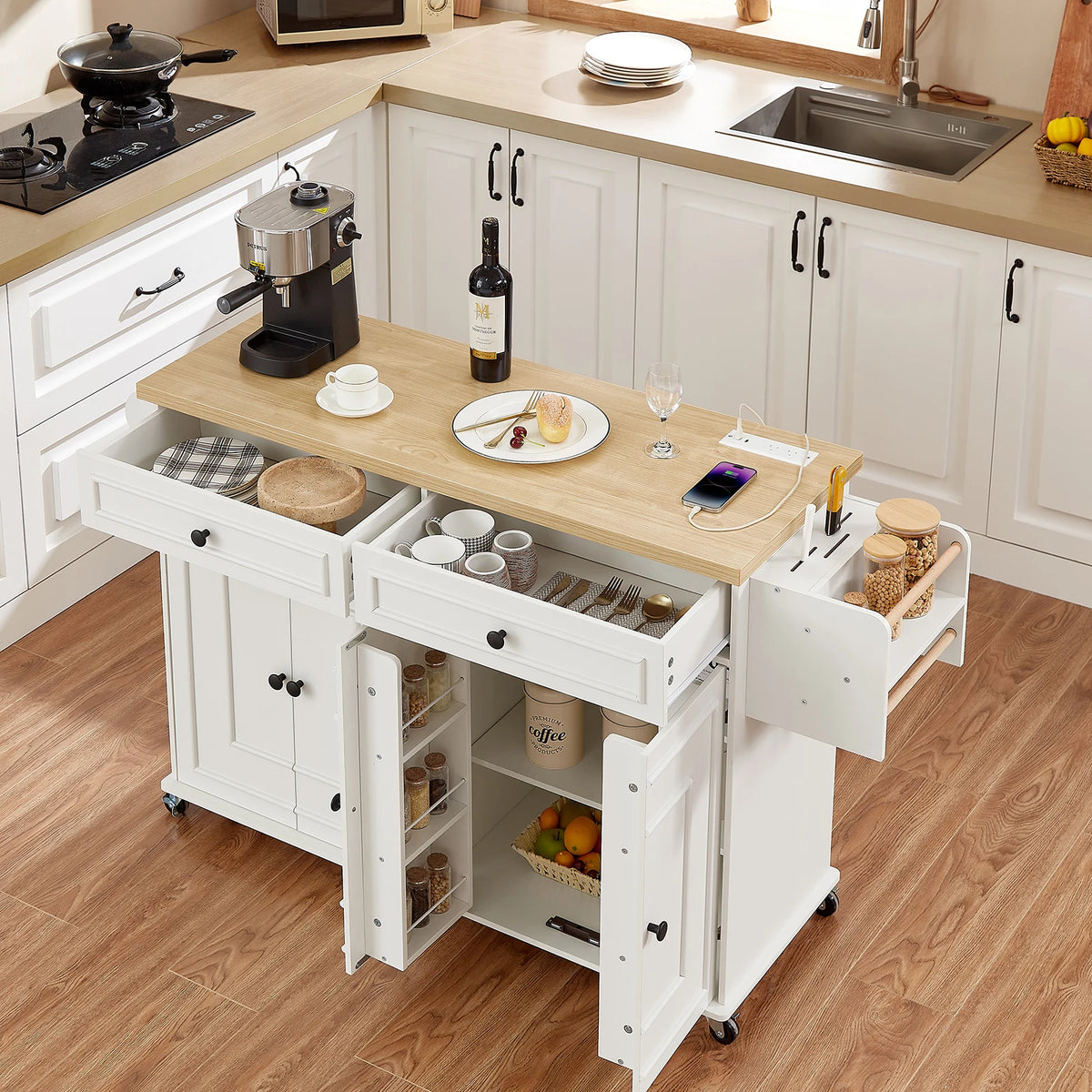 Rolling Wooden Kitchen Island Cart Featuring Drop Leaf Design