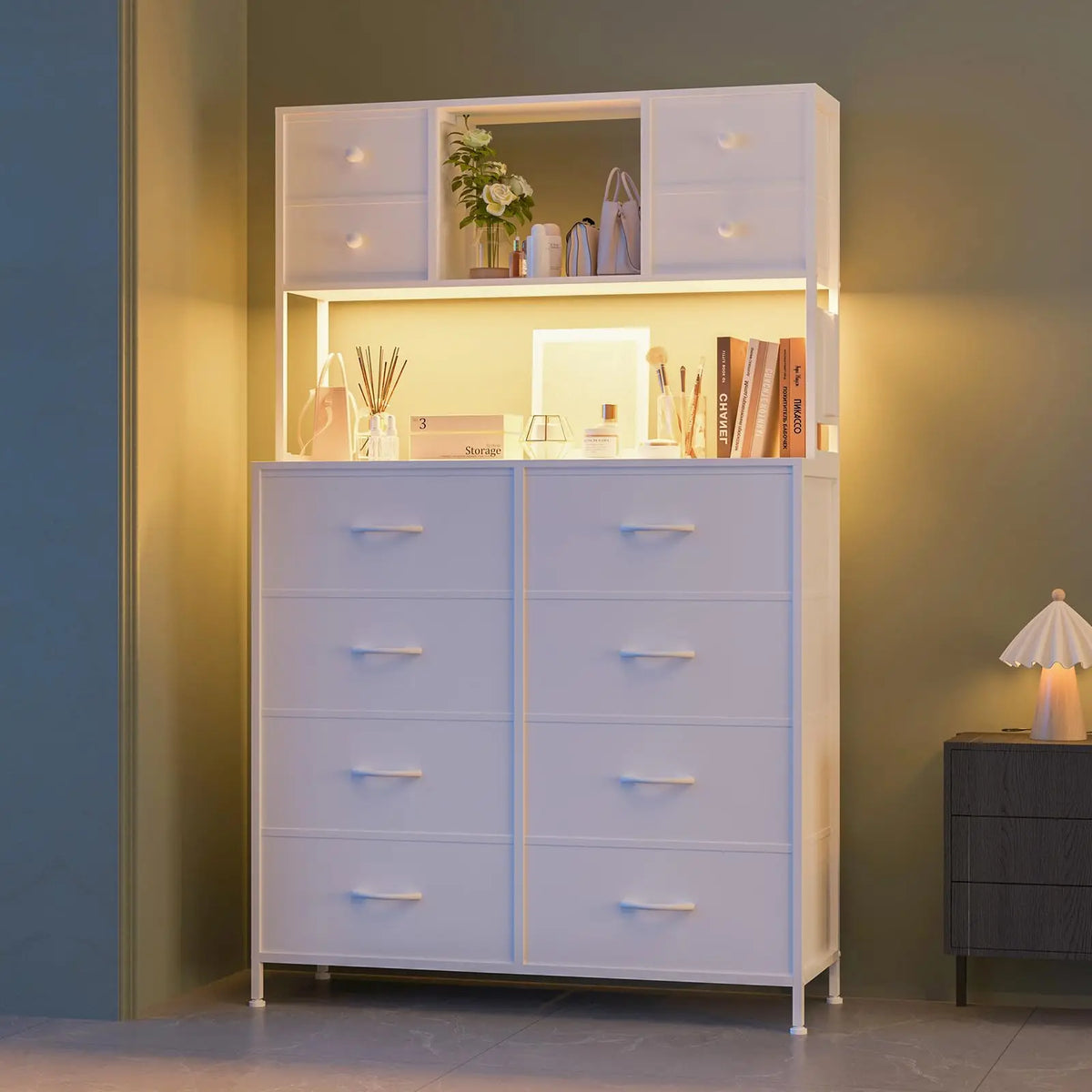 Drawer Dresser With Charging Station And LED Light For Bedroom