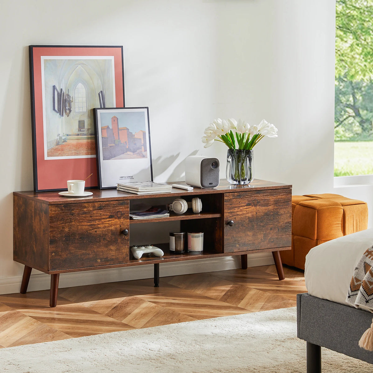 JHK Modern Wooden Fireplace TV Stand With Adjustable Shelves