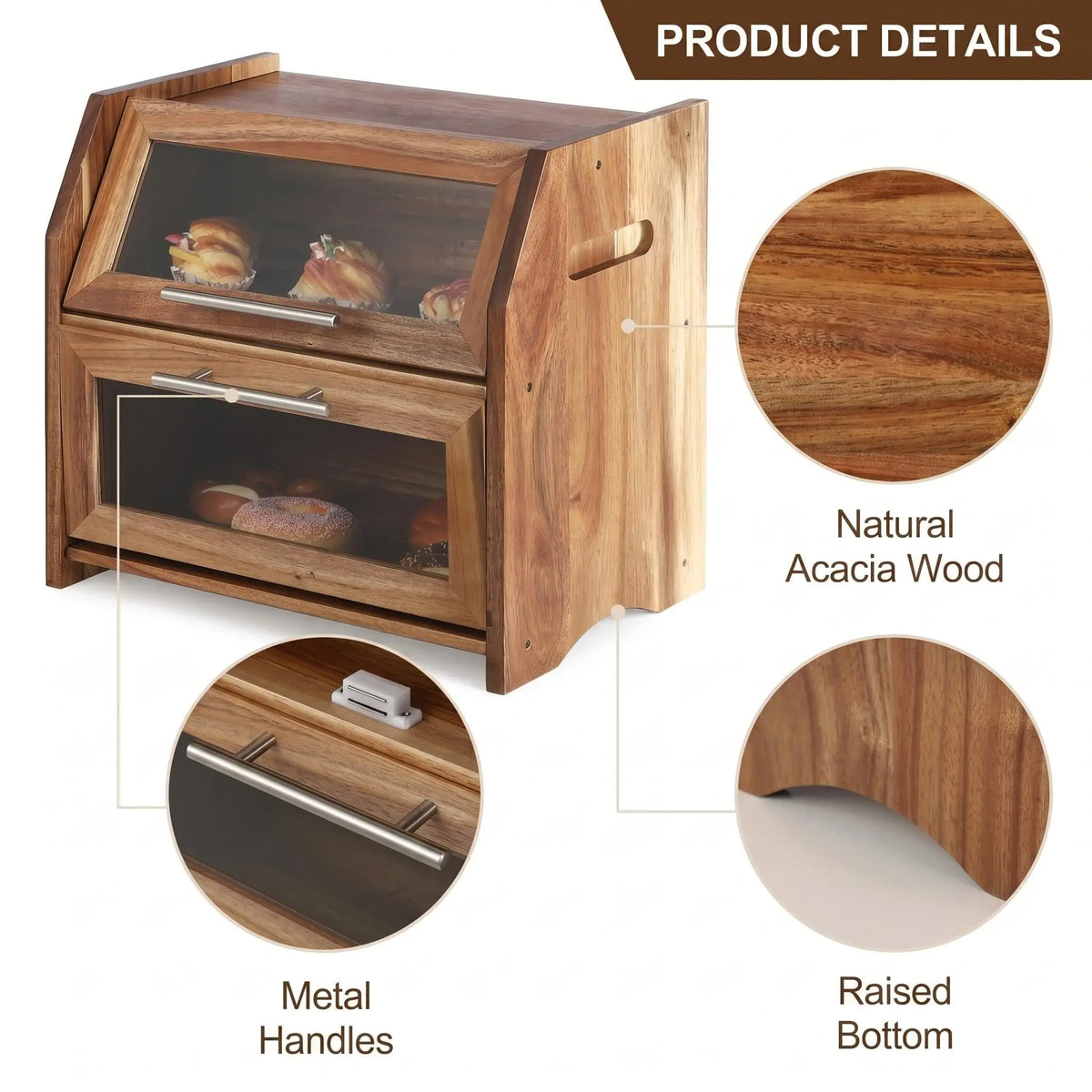HiMISS Double Layer Acacia Wood Bread Box With Ventilated Storage
