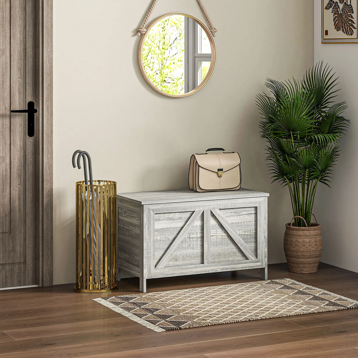 HOMCOM Farmhouse Storage Bench With Lift Top And Safety Hinge