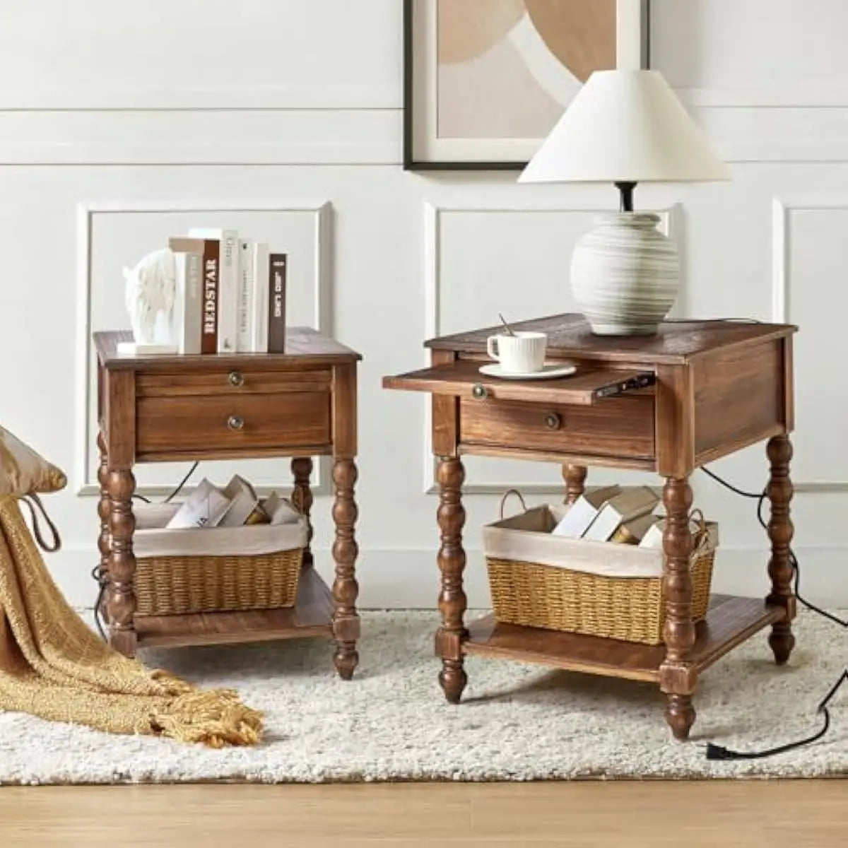Modern Spindle End Table Set With Power Outlet And Drawer
