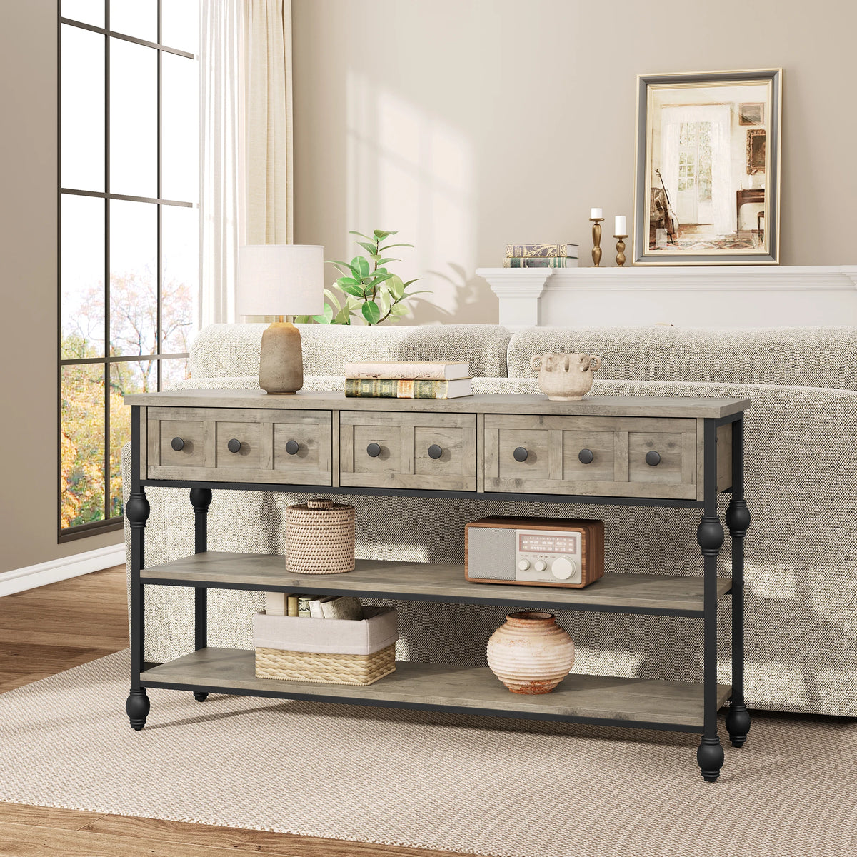 HiMISS Industrial Console Table With Drawers And Three Tier Shelves