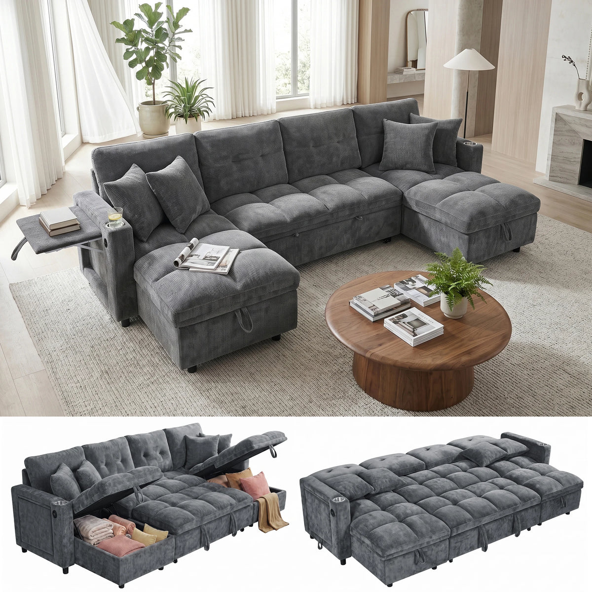 Convertible U Shaped Sleeper Sofa With Storage And Charging Station