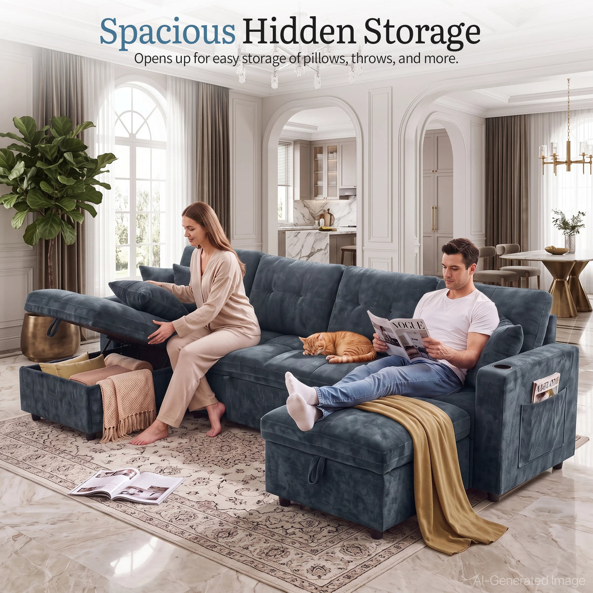 Convertible U Shaped Sleeper Sofa With Storage And Charging Station
