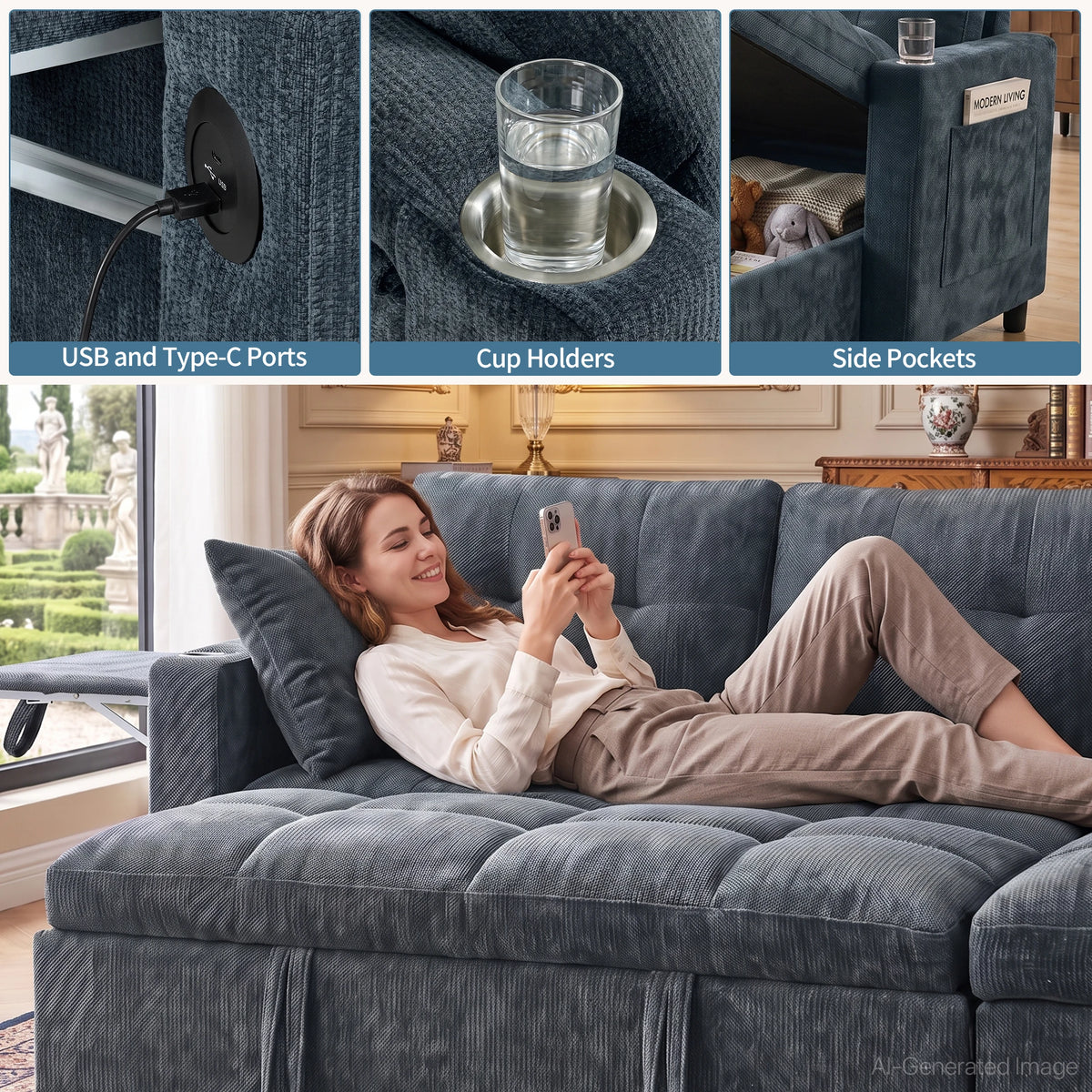 Convertible U Shaped Sleeper Sofa With Storage And Charging Station
