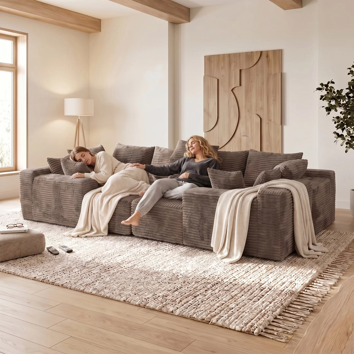 Modern U Shaped Corduroy Sectional Sofa With Deep Cloud Seating