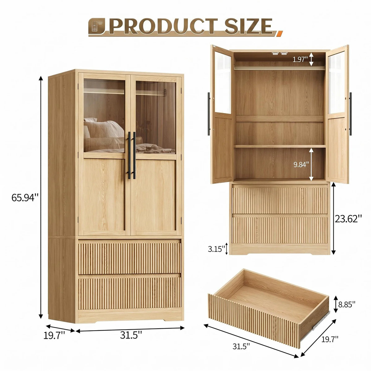 HiMISS Farmhouse Wardrobe Cabinet With Glass Door And Storage